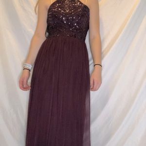 Plum prom dress halter top with sequins